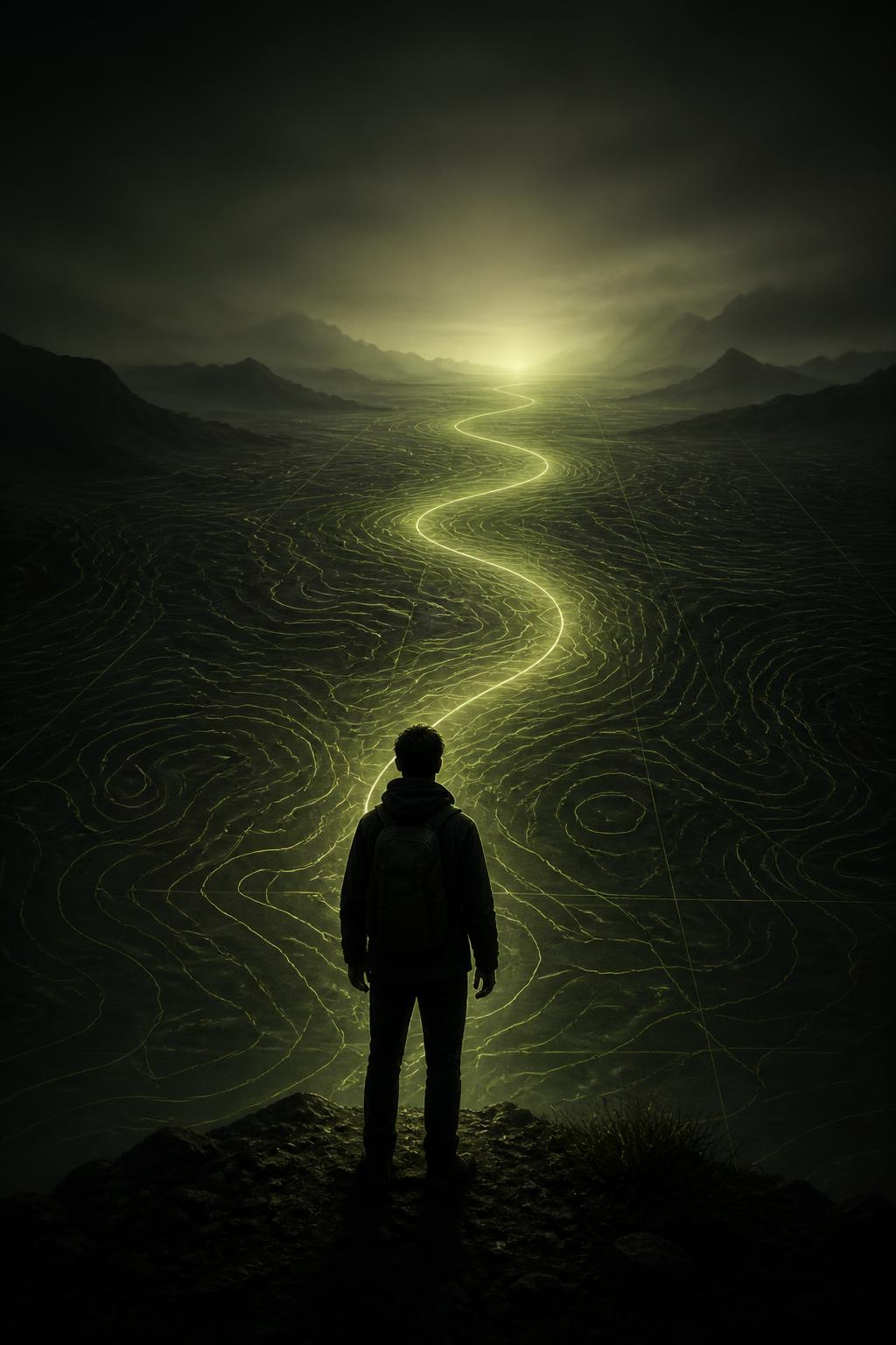 A lone figure with a backpack standing at the edge of dark open terrain as a glowing map grid resolves into a lit path leading toward the horizon.